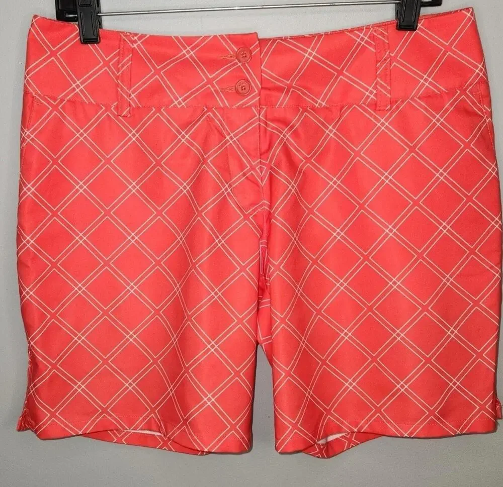 Adidas Golf Shorts Womens 6 Red Orange Geometry Mid Rise Light Weight Pockets
